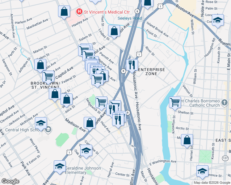 map of restaurants, bars, coffee shops, grocery stores, and more near 815 North Avenue in Bridgeport