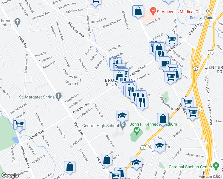 map of restaurants, bars, coffee shops, grocery stores, and more near 967 Capitol Avenue in Bridgeport