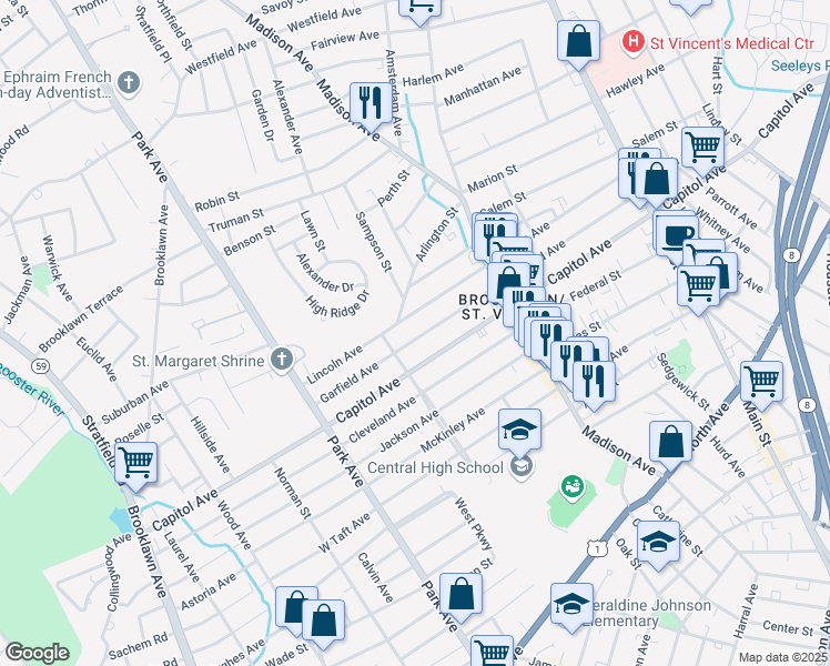 map of restaurants, bars, coffee shops, grocery stores, and more near 539 Garfield Avenue in Bridgeport
