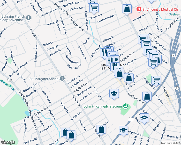 map of restaurants, bars, coffee shops, grocery stores, and more near 539 Garfield Avenue in Bridgeport