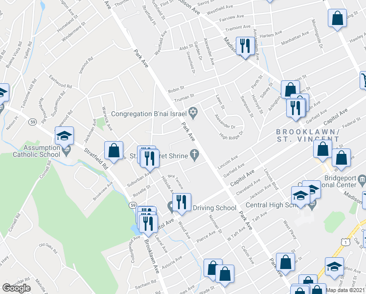 map of restaurants, bars, coffee shops, grocery stores, and more near 66 Suburban Avenue in Bridgeport