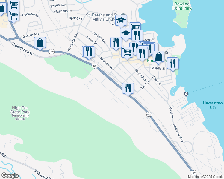 map of restaurants, bars, coffee shops, grocery stores, and more near 1 Route 9W in Haverstraw