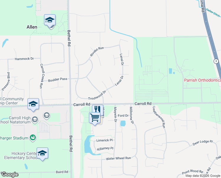 map of restaurants, bars, coffee shops, grocery stores, and more near Troutwood Drive in Fort Wayne