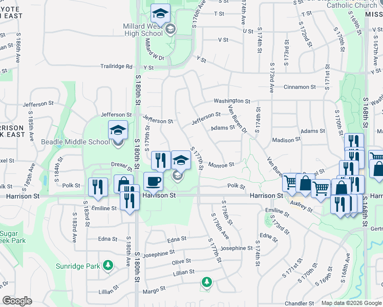 map of restaurants, bars, coffee shops, grocery stores, and more near 6432 South 177th Street in Omaha