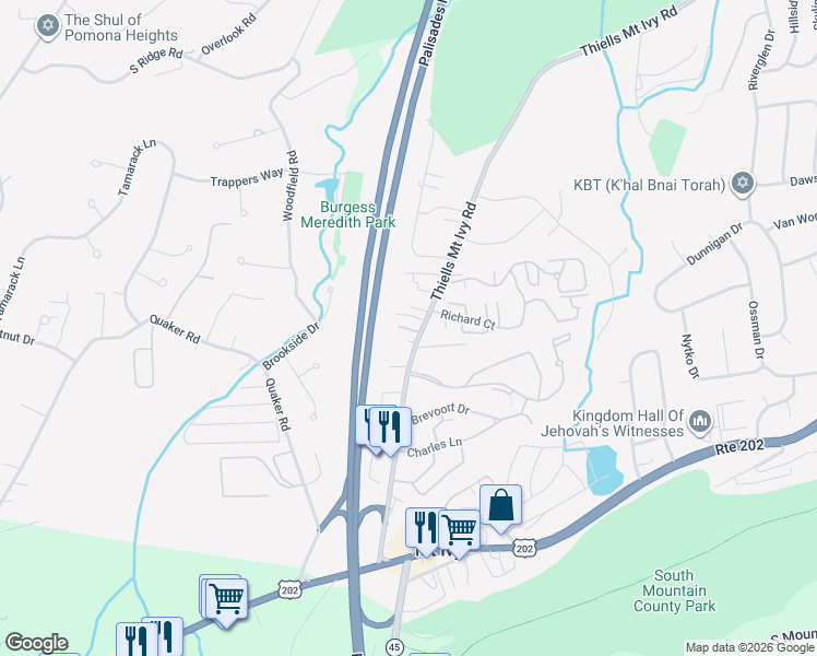 map of restaurants, bars, coffee shops, grocery stores, and more near 9 Thiells Mount Ivy Road in Pomona