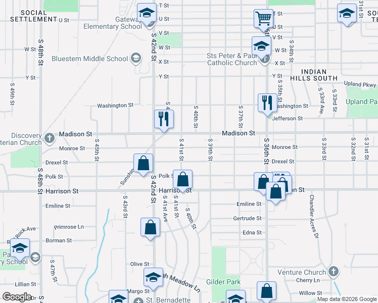 map of restaurants, bars, coffee shops, grocery stores, and more near 6629 South 41st Street in Omaha
