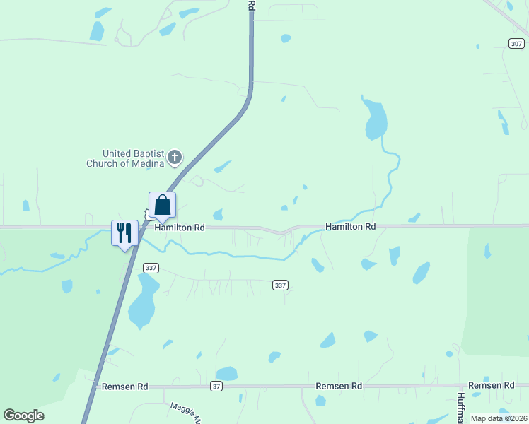 map of restaurants, bars, coffee shops, grocery stores, and more near 4297 Hamilton Road in Medina
