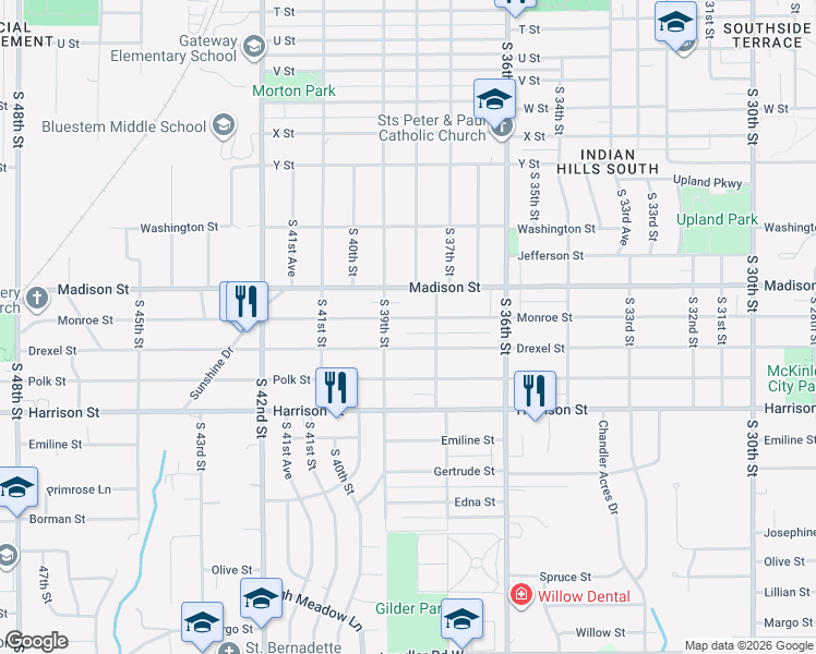 map of restaurants, bars, coffee shops, grocery stores, and more near 3832 Drexel Street in Omaha