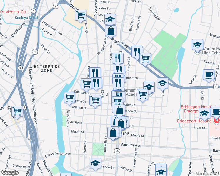 map of restaurants, bars, coffee shops, grocery stores, and more near 1092 Kossuth Street in Bridgeport
