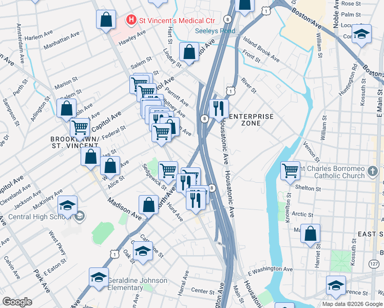 map of restaurants, bars, coffee shops, grocery stores, and more near 815 North Avenue in Bridgeport