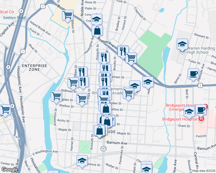 map of restaurants, bars, coffee shops, grocery stores, and more near 1340 East Main Street in Bridgeport