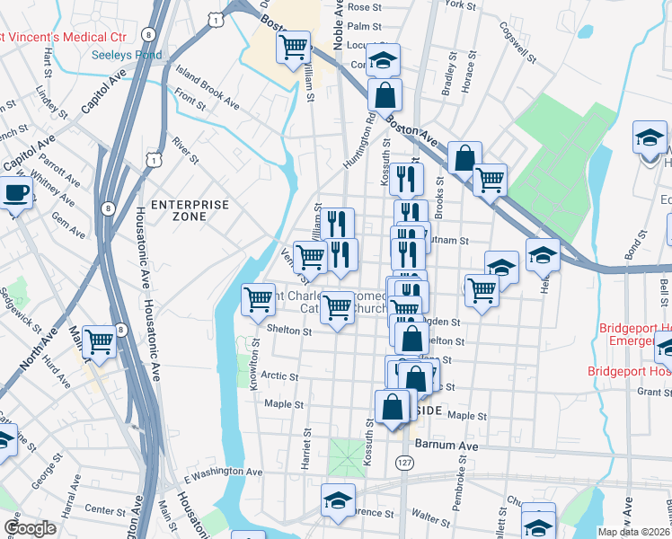 map of restaurants, bars, coffee shops, grocery stores, and more near 830 Noble Avenue in Bridgeport