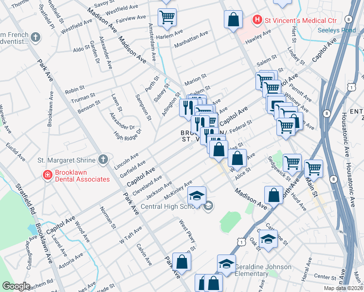 map of restaurants, bars, coffee shops, grocery stores, and more near 967 Capitol Avenue in Bridgeport