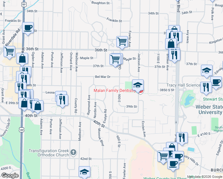 map of restaurants, bars, coffee shops, grocery stores, and more near 3885 Grandview Drive in Ogden