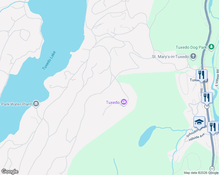map of restaurants, bars, coffee shops, grocery stores, and more near 20 Ridge Road in Tuxedo Park