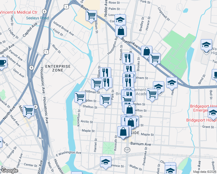 map of restaurants, bars, coffee shops, grocery stores, and more near 830 Noble Avenue in Bridgeport