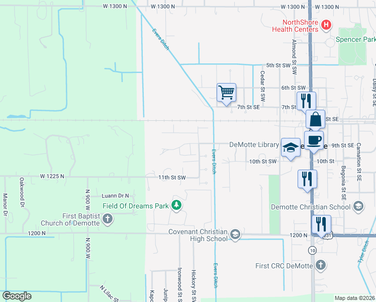 map of restaurants, bars, coffee shops, grocery stores, and more near 9th Street Southwest in De Motte