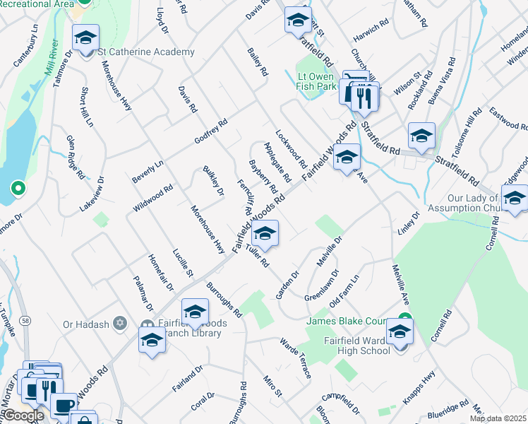map of restaurants, bars, coffee shops, grocery stores, and more near 553 Fairfield Woods Road in Fairfield