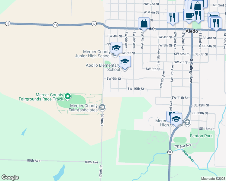 map of restaurants, bars, coffee shops, grocery stores, and more near 1010 Southwest 10th Street in Aledo
