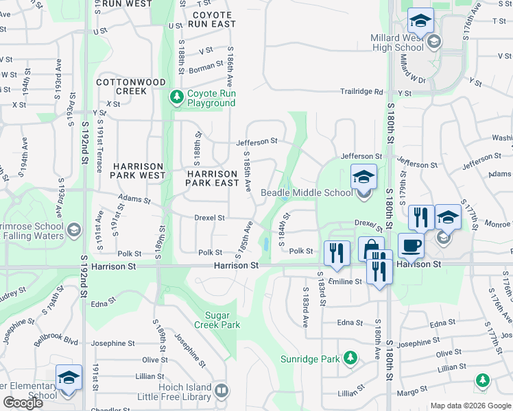 map of restaurants, bars, coffee shops, grocery stores, and more near 20002 Monroe Street in Omaha