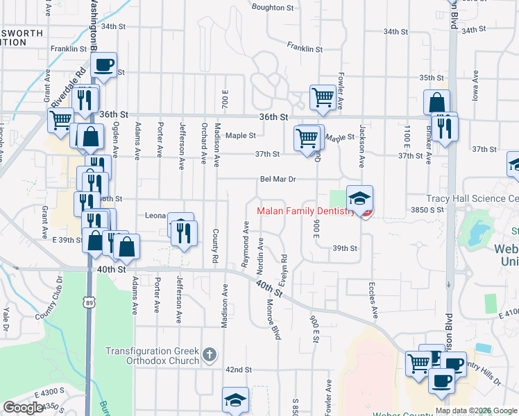 map of restaurants, bars, coffee shops, grocery stores, and more near 3860 Oram Circle in South Ogden