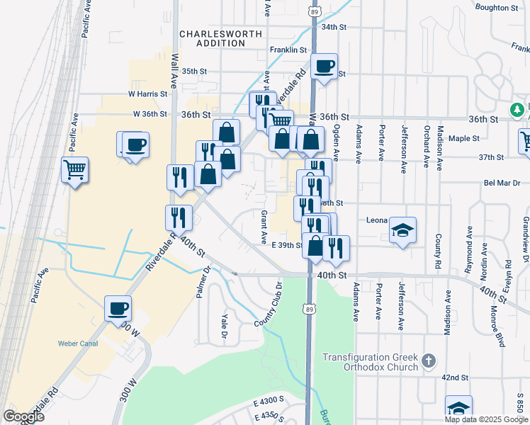 map of restaurants, bars, coffee shops, grocery stores, and more near 3833 Washington Boulevard in Ogden