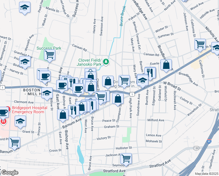 map of restaurants, bars, coffee shops, grocery stores, and more near in Stratford
