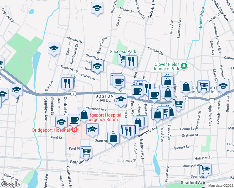 map of restaurants, bars, coffee shops, grocery stores, and more near in Bridgeport