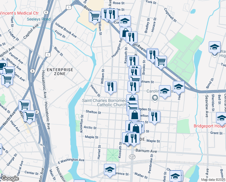 map of restaurants, bars, coffee shops, grocery stores, and more near 830 Noble Avenue in Bridgeport