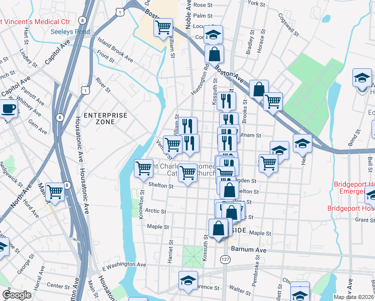 map of restaurants, bars, coffee shops, grocery stores, and more near 830 Noble Avenue in Bridgeport