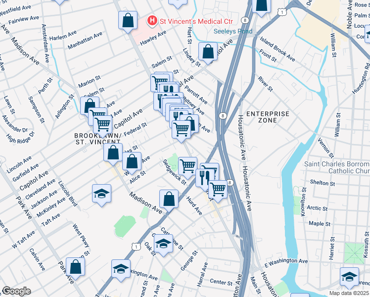 map of restaurants, bars, coffee shops, grocery stores, and more near 2251 Main Street in Bridgeport