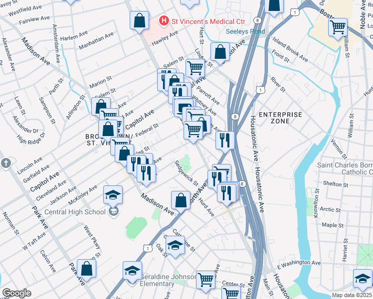 map of restaurants, bars, coffee shops, grocery stores, and more near 2251 Main Street in Bridgeport