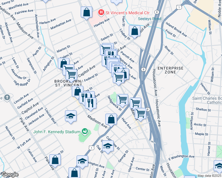 map of restaurants, bars, coffee shops, grocery stores, and more near 75 Wheeler Avenue in Bridgeport