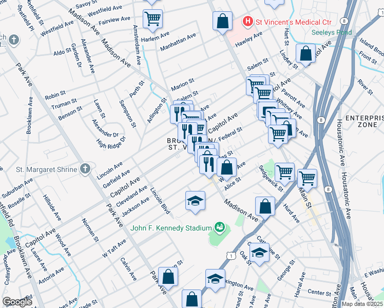 map of restaurants, bars, coffee shops, grocery stores, and more near 39 Cleveland Avenue in Bridgeport
