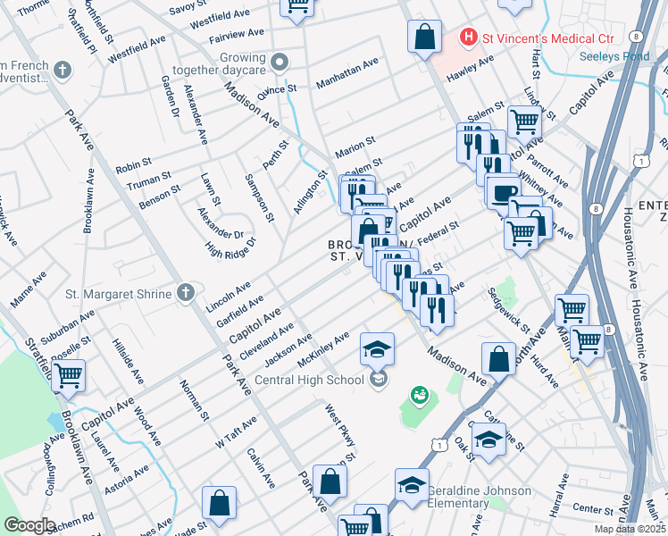 map of restaurants, bars, coffee shops, grocery stores, and more near 967 Capitol Avenue in Bridgeport