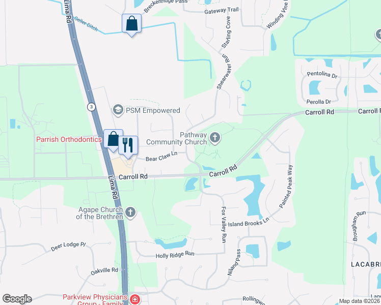 map of restaurants, bars, coffee shops, grocery stores, and more near 11926 Shearwater Run in Fort Wayne
