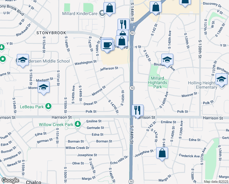 map of restaurants, bars, coffee shops, grocery stores, and more near 14515 Polk Circle in Omaha