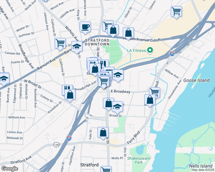 map of restaurants, bars, coffee shops, grocery stores, and more near 2385 Main St in Stratford