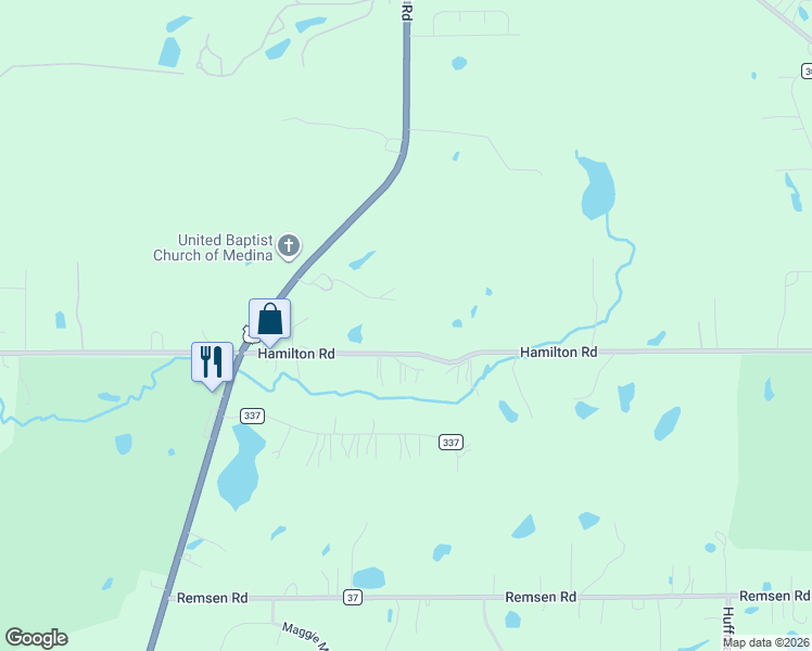 map of restaurants, bars, coffee shops, grocery stores, and more near 4297 Hamilton Road in Medina