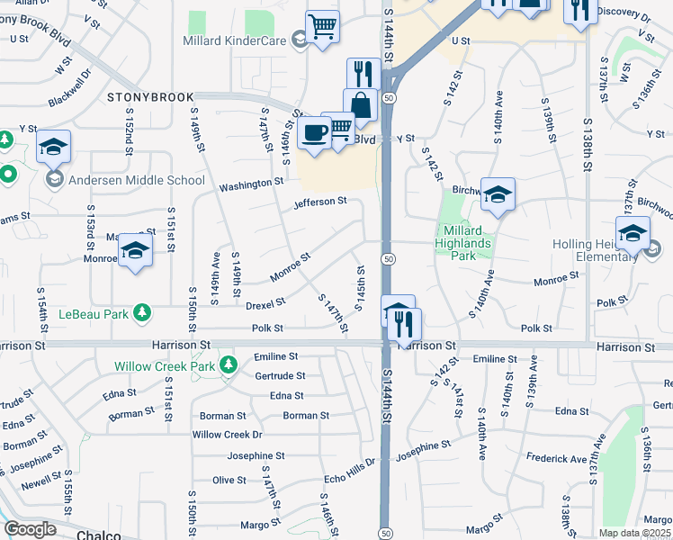 map of restaurants, bars, coffee shops, grocery stores, and more near 14515 Polk Circle in Omaha