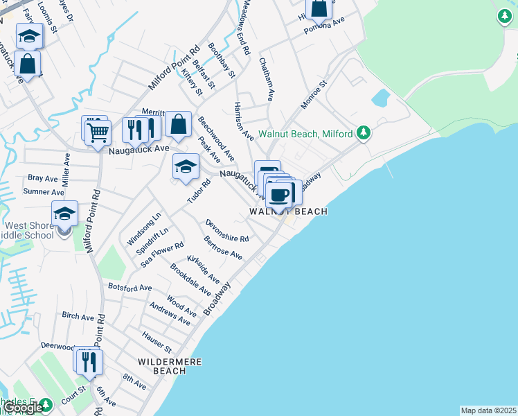 map of restaurants, bars, coffee shops, grocery stores, and more near 91 Stowe Avenue in Milford