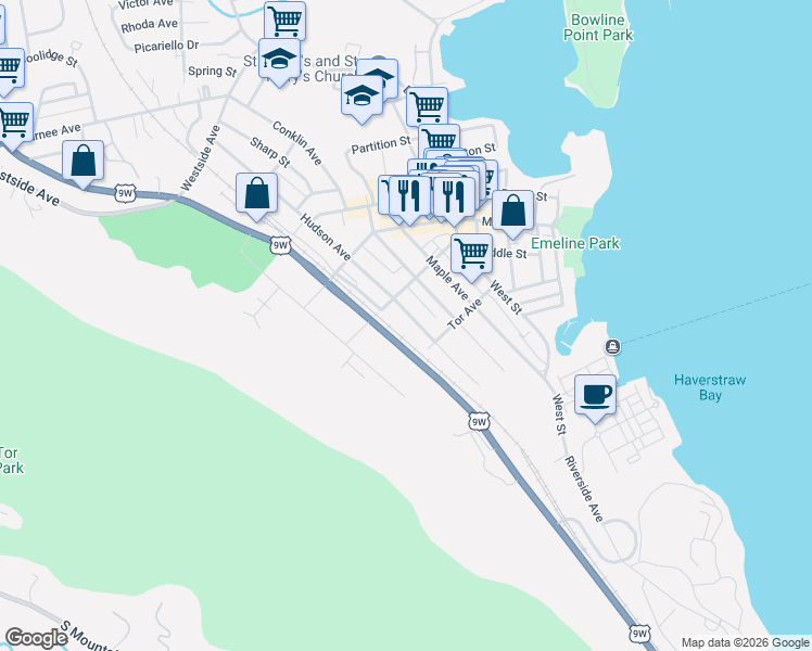 map of restaurants, bars, coffee shops, grocery stores, and more near 13 Tor Avenue in Haverstraw