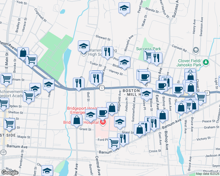 map of restaurants, bars, coffee shops, grocery stores, and more near 461 Mill Hill Avenue in Bridgeport