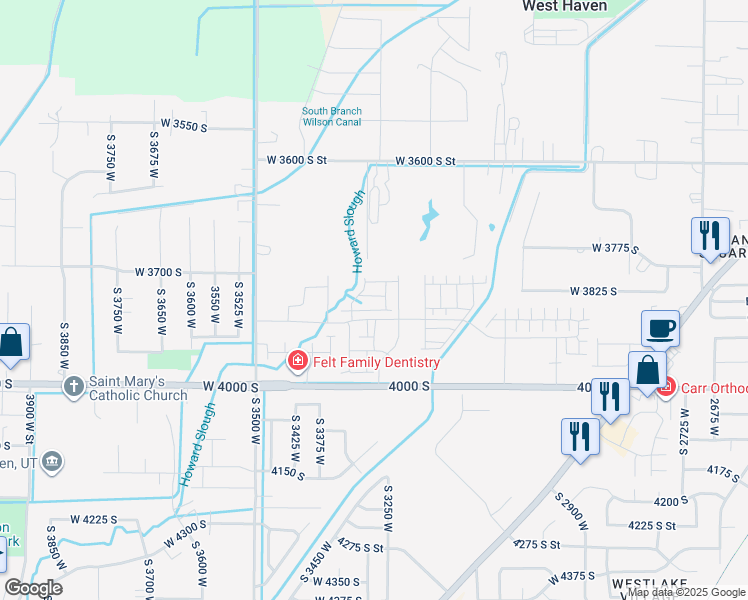 map of restaurants, bars, coffee shops, grocery stores, and more near 3329 West 3745 South in West Haven