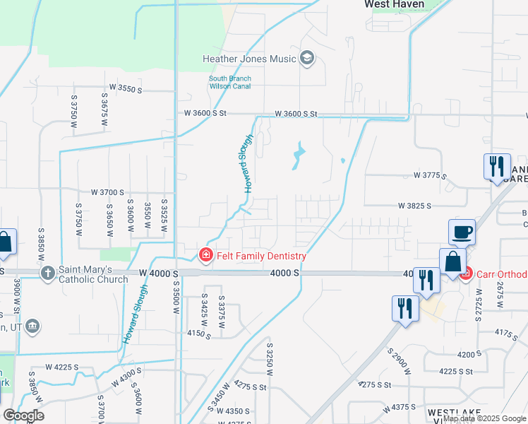 map of restaurants, bars, coffee shops, grocery stores, and more near 3321 West 3745 South in West Haven