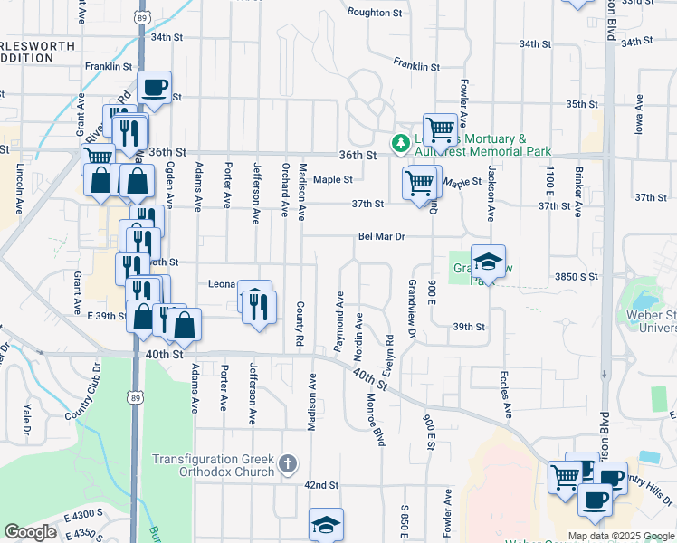 map of restaurants, bars, coffee shops, grocery stores, and more near 3860 Raymond Avenue in Ogden