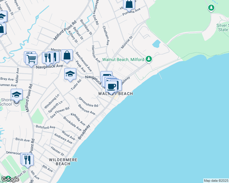 map of restaurants, bars, coffee shops, grocery stores, and more near in Milford