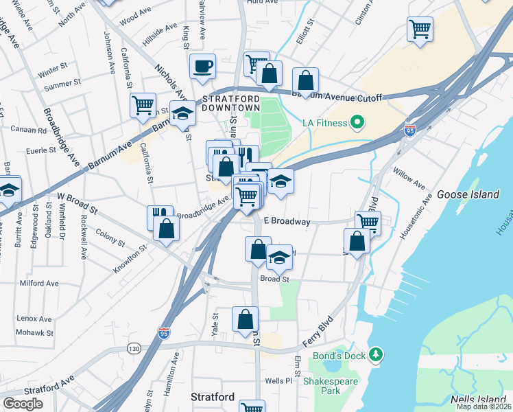 map of restaurants, bars, coffee shops, grocery stores, and more near 2404 Main Street in Stratford