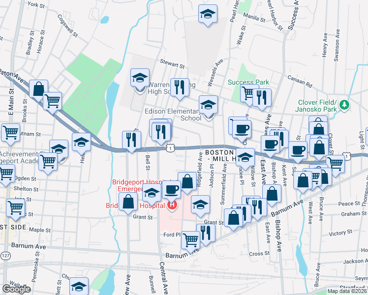 map of restaurants, bars, coffee shops, grocery stores, and more near 461 Mill Hill Avenue in Bridgeport