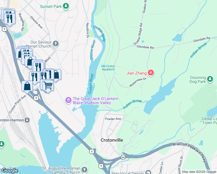 map of restaurants, bars, coffee shops, grocery stores, and more near 95 Quaker Bridge Road in Ossining
